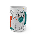 15oz Ceramic Cat Mug — Cute Minimalist Cat with Monstera Leaf Design