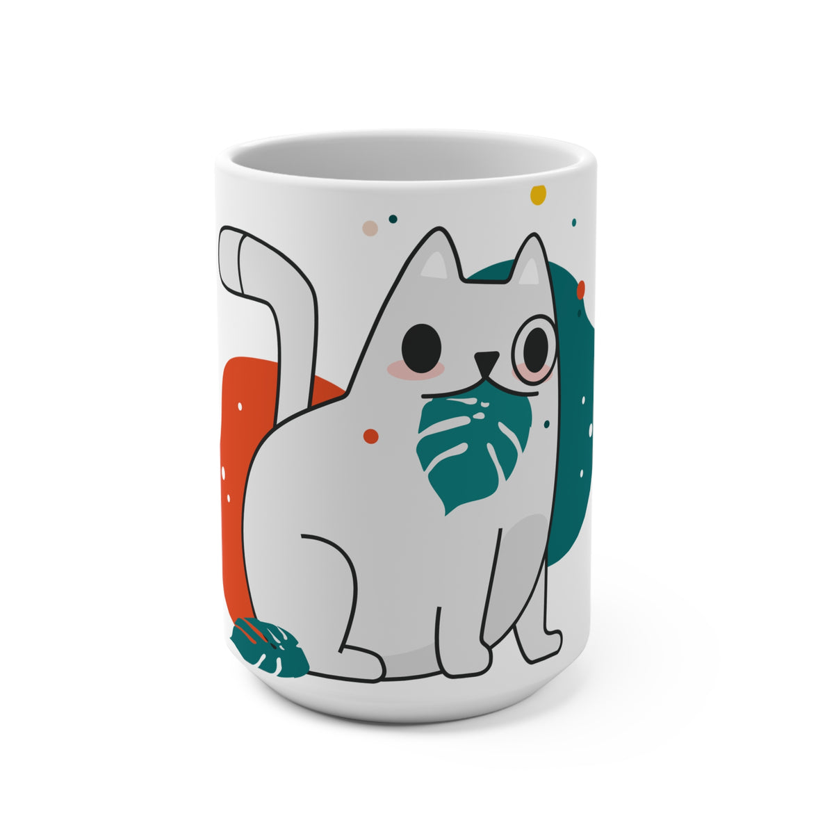 15oz Ceramic Cat Mug — Cute Minimalist Cat with Monstera Leaf Design
