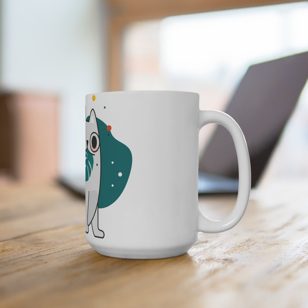 15oz Ceramic Cat Mug — Cute Minimalist Cat with Monstera Leaf Design